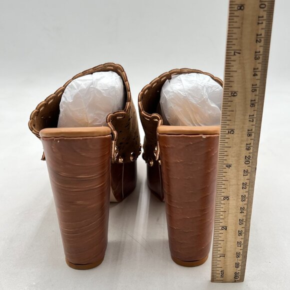 FOWT Tan Studded Round Toe Floral Cut Out Platform Mules Chunky Heel Sandals - Picture 5 of 8